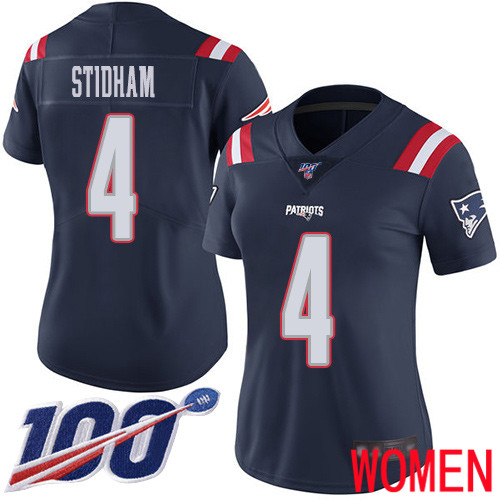 New England Patriots Limited Navy Blue Women #4 Jarrett Stidham NFL Jersey 100th Season